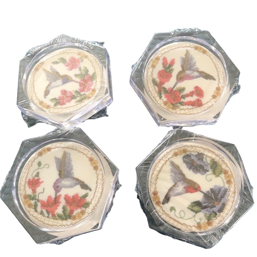 Set 4 Hummingbird Coasters New Cross Stitch Look Floral Summer Acrylic Cork Base